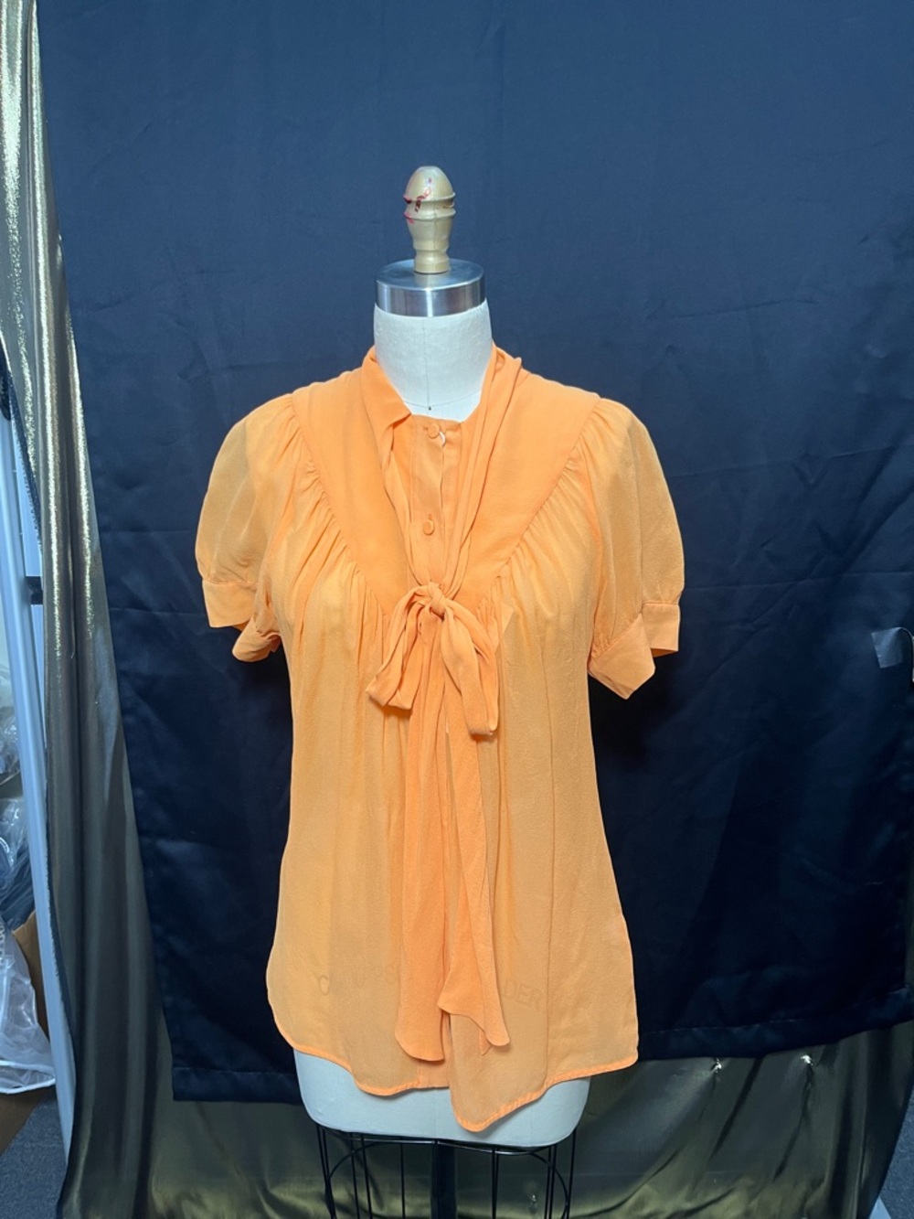 🧡🎀 Iceberg Orange Silk Chiffon Bow Blouse | Sheer Luxe Statement ✨👚